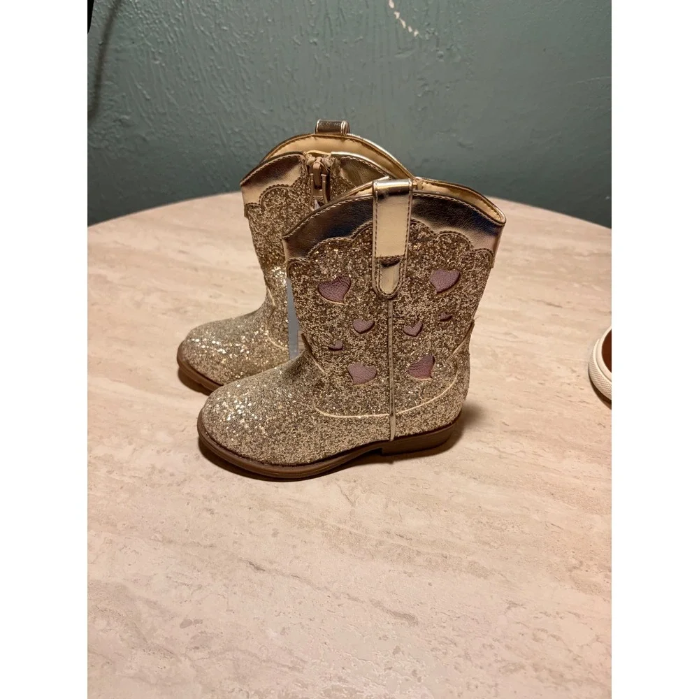 Cat & Jack Toddler Girls Gold Glitter Cowboy Boots Heart Cutout Size 8 NEW